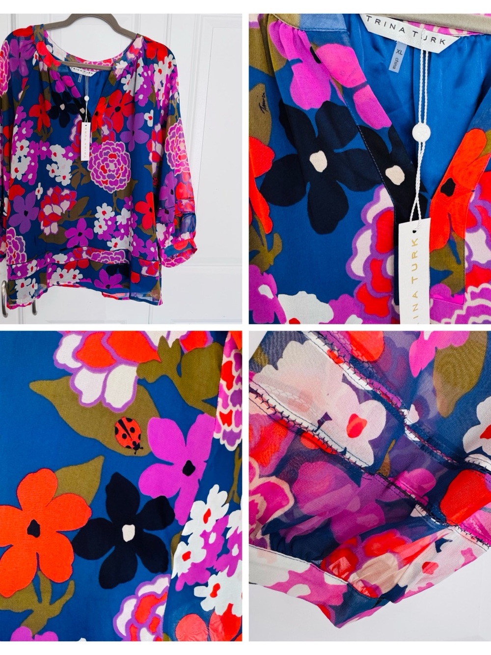 Trina Turk Blue Floral Sheer Blouse with Pink, Red & Navy Prints